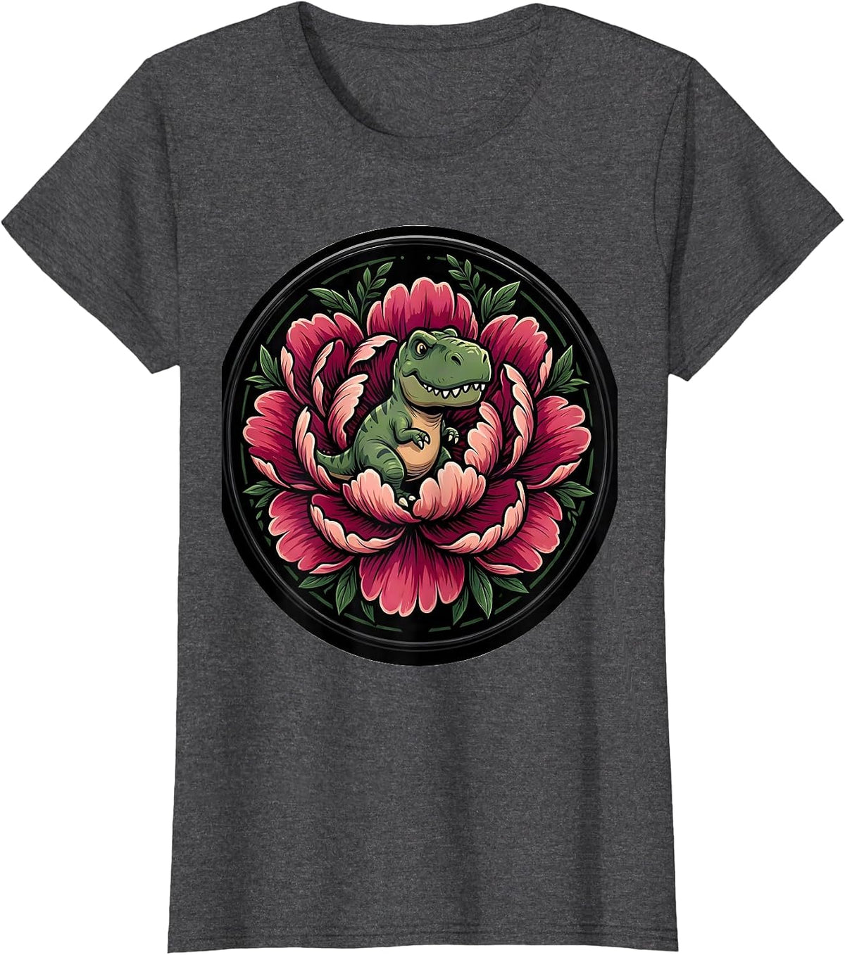 Women's Dinosaur Silhouette Blooming Peony Floral Design T-Shirt - Dark Heather Grey