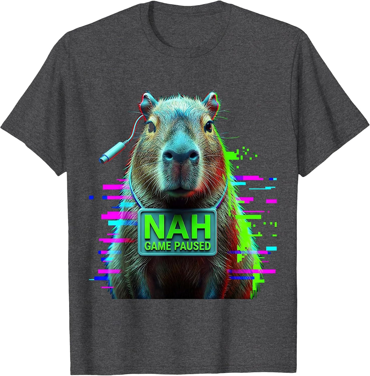 Nah, Game Paused Glitch Datamosh Funny Capybara Gamer Meme T-Shirt - Dark Heather Grey