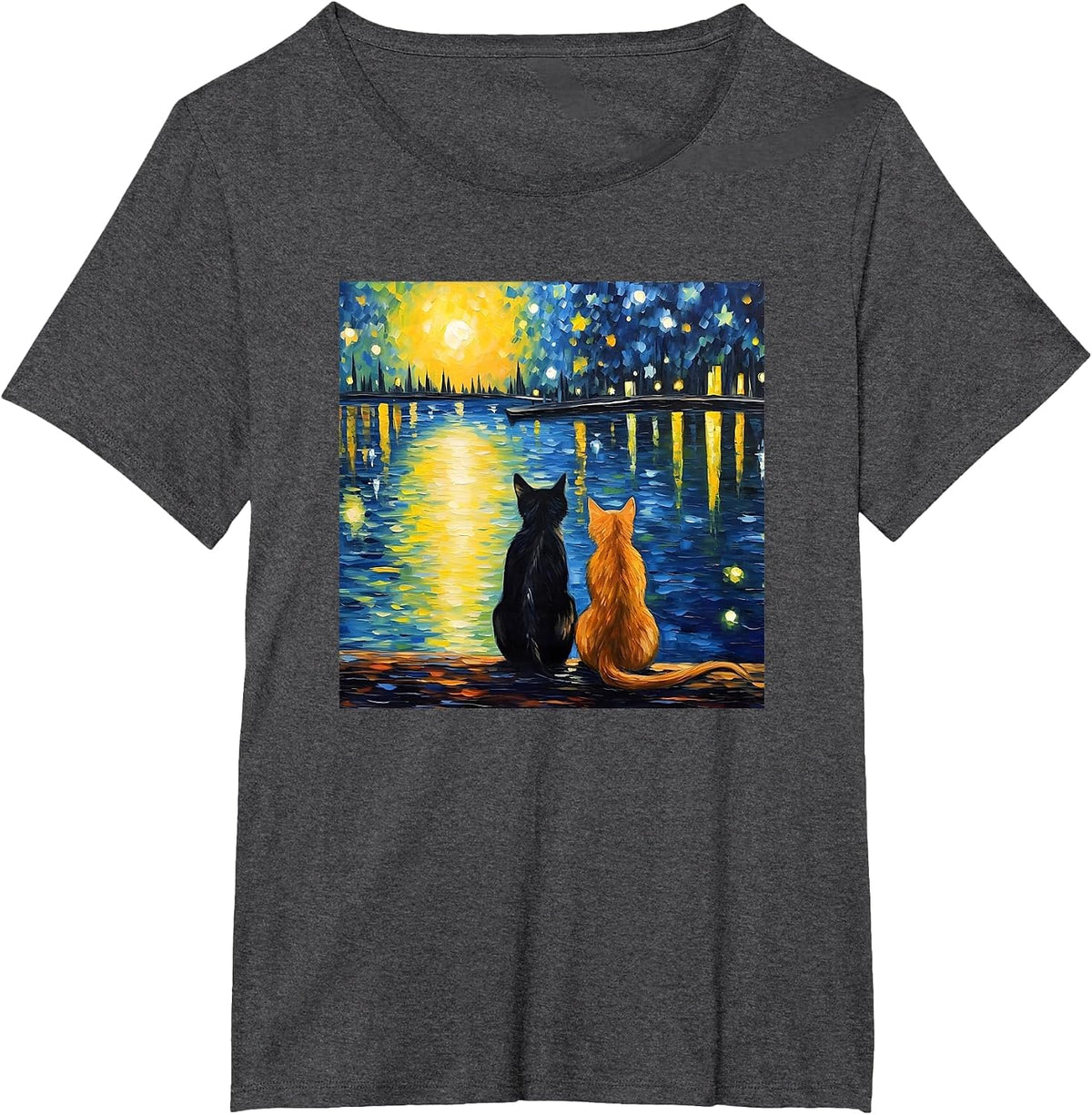 Two Cats Starry Night Lover Cat Art Painting Kitten Van Gogh T-Shirt - Dark Heather Grey