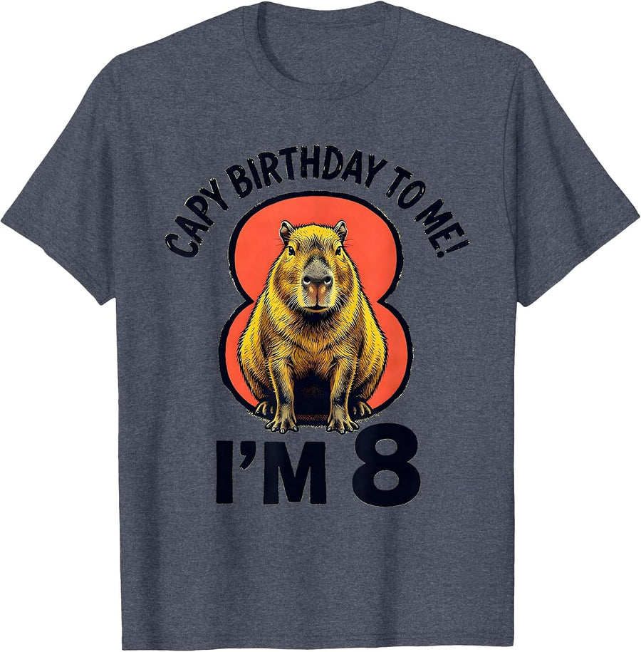 Capy Birthday To Me! I'm 8 Funny Kids Age Pun Capybara T-Shirt - Heather Blue