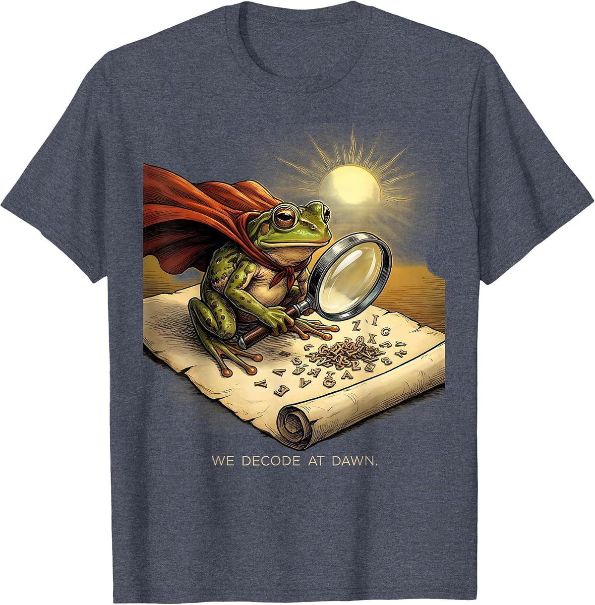 We Decode At Dawn Funny Frog Teacher English Reader Back T-Shirt - Heather Blue