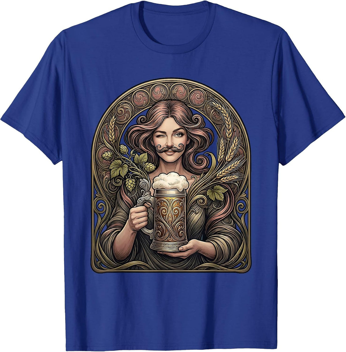 Men's Beer Foam Mustache Winking Illustration T-Shirt - Royal Blue