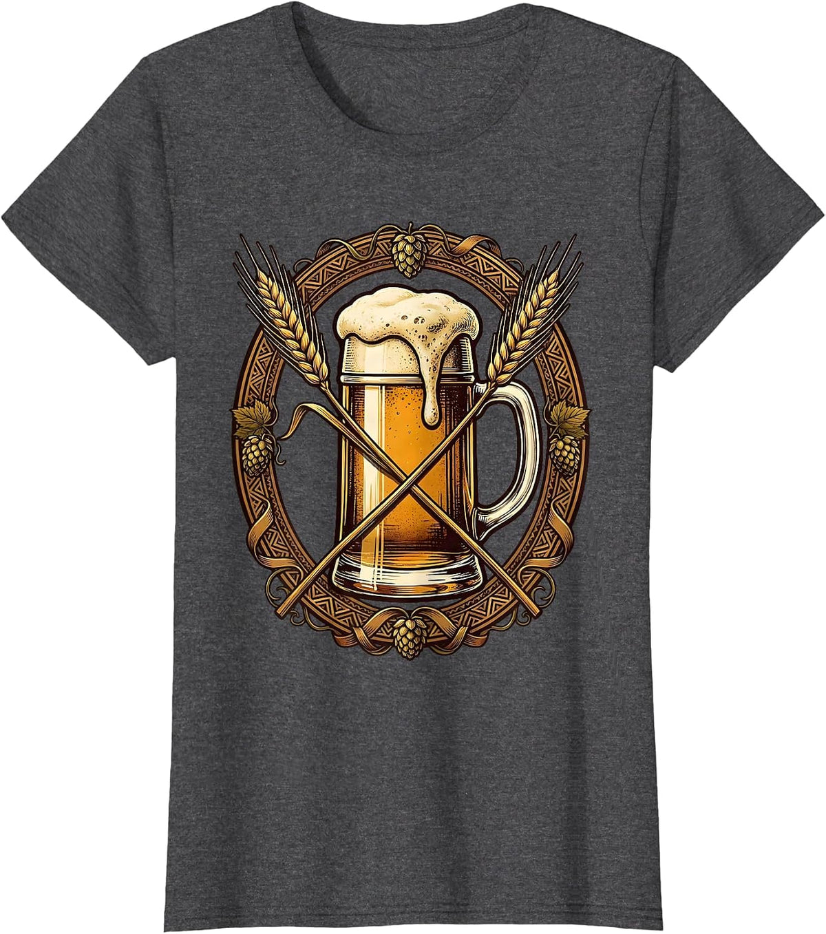 Women's Vintage Oktoberfest Beer Label Ornate Border Design T-Shirt - Dark Heather Grey