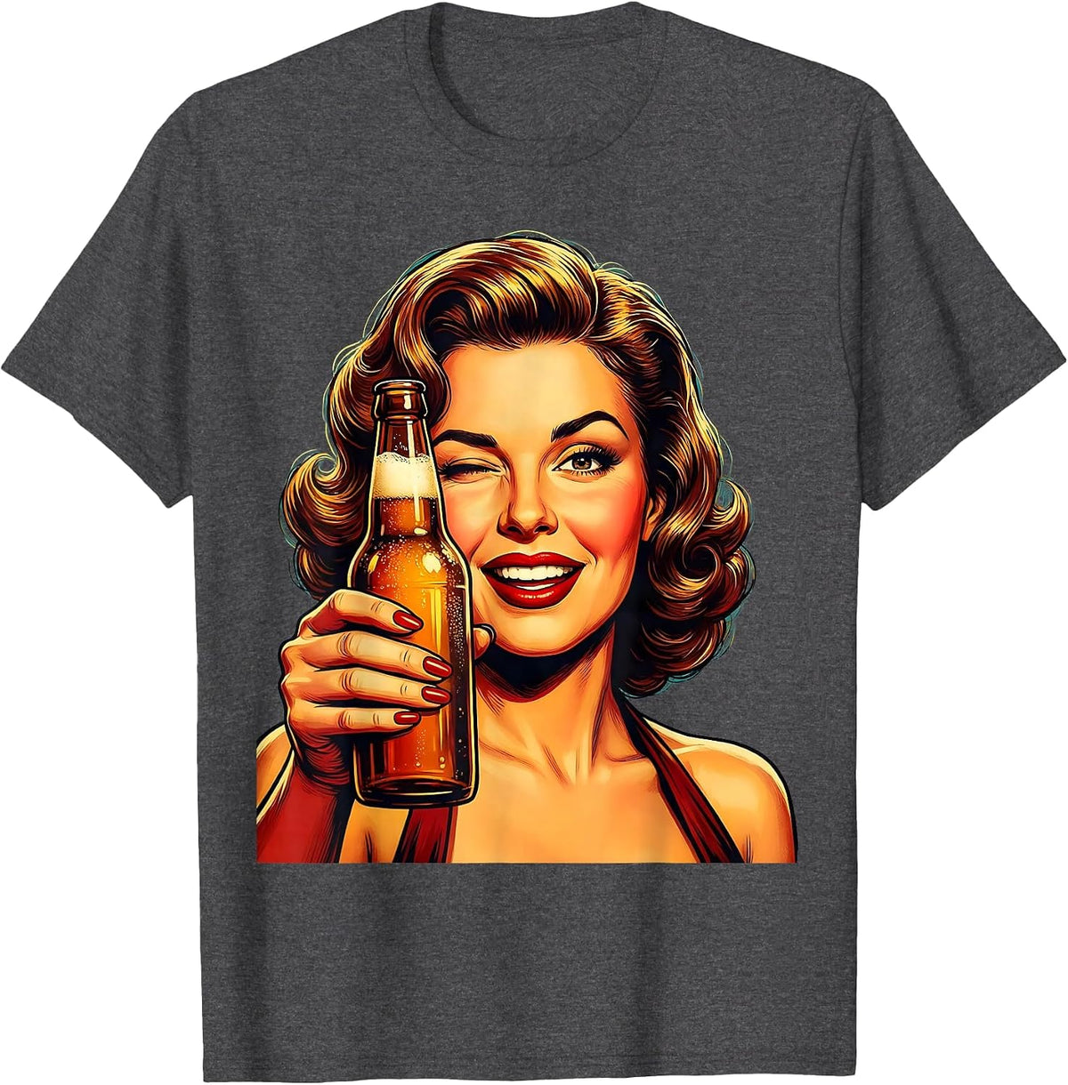 Men's Retro Winking Woman Beer Bottle Graphic T-Shirt - Dark Heather Grey