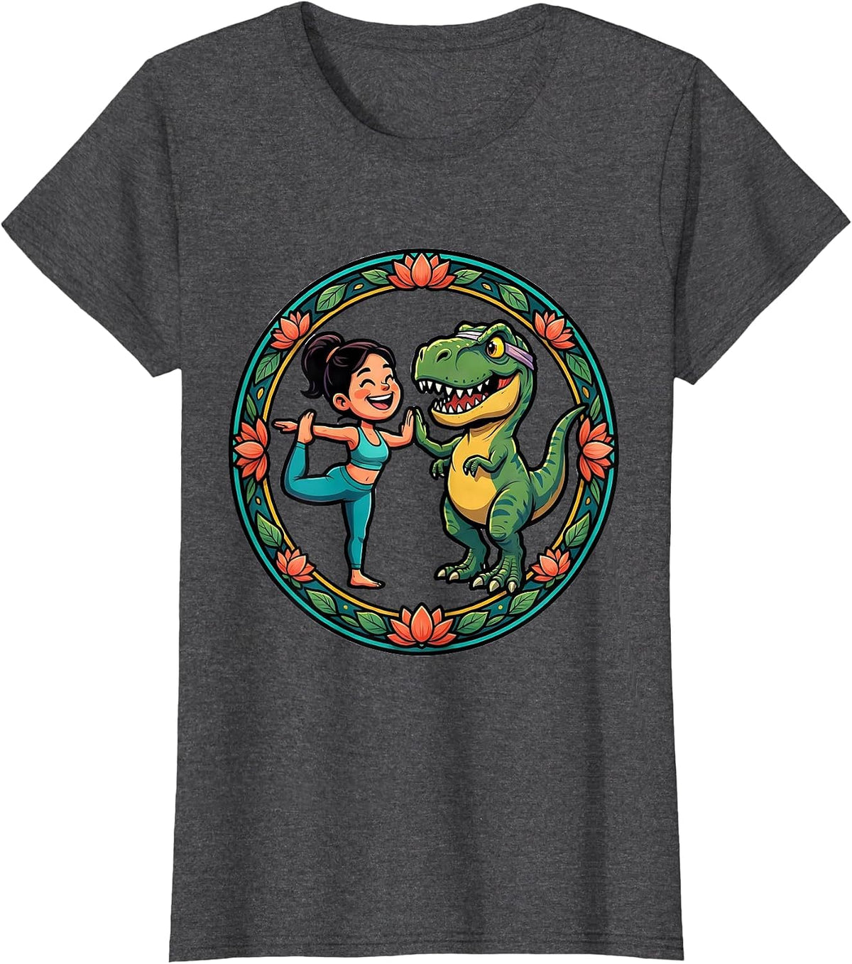 Women's Dinosaur Yoga Partner Funny T-Rex Pose Design T-Shirt - Dark Heather Grey