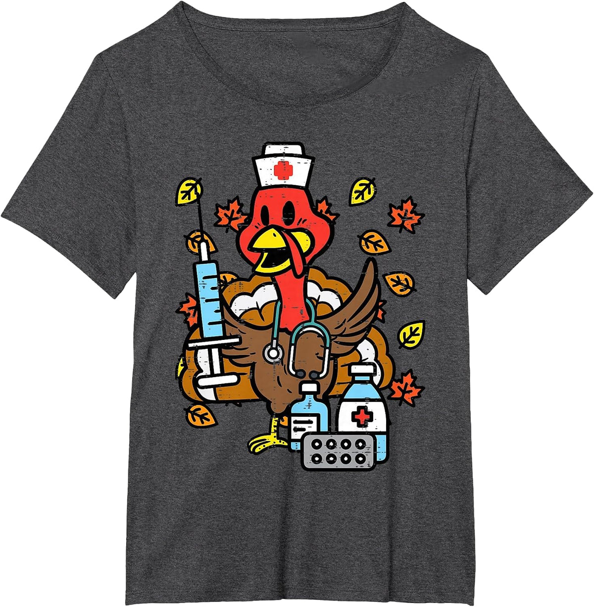 Turkey Nurse Thanksgiving Fall Scrub Nursing RN ICU ER Nicu T-Shirt - Dark Heather Grey