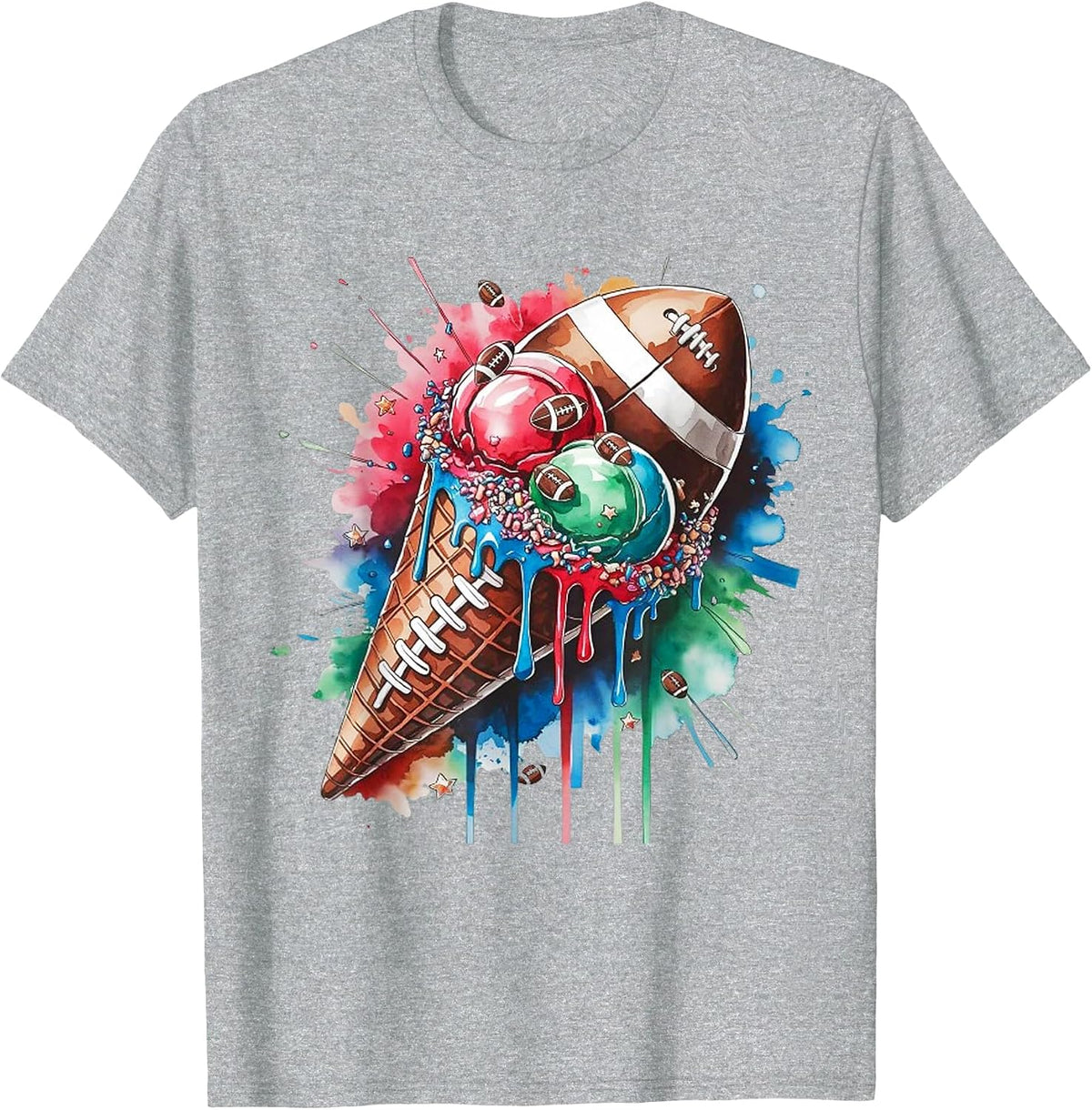Football Drip Ice Cream Watercolor Cone with Sprinkles T-Shirt - Heather Grey