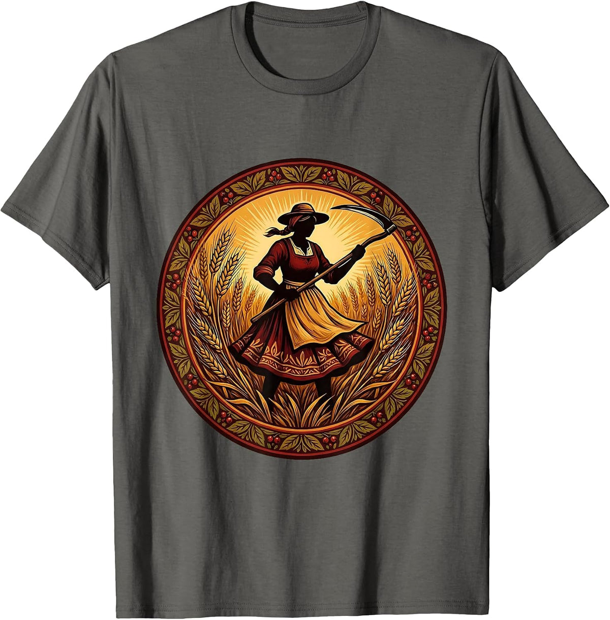 Labor Day Woman Farmer Wheat Field Harvest T-Shirt - Asphalt Grey