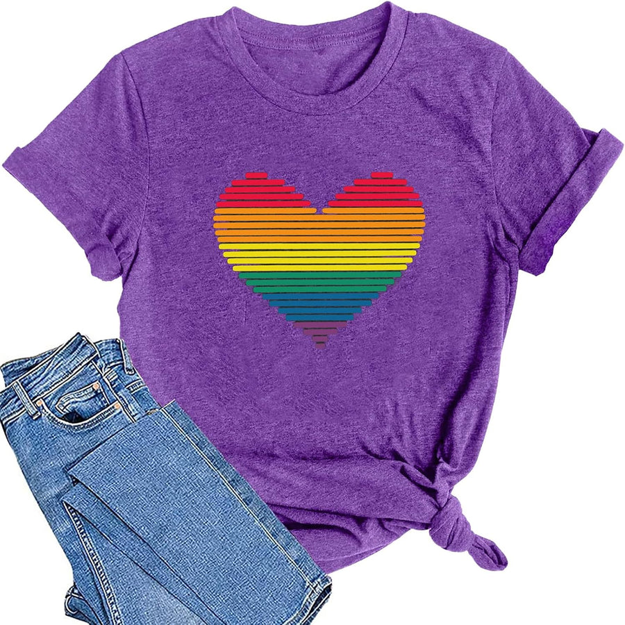 Pride Shirts Women Rainbow Heart Graphic Tee Peace Love Inspirational LGBT Month Tee Tops - Purple
