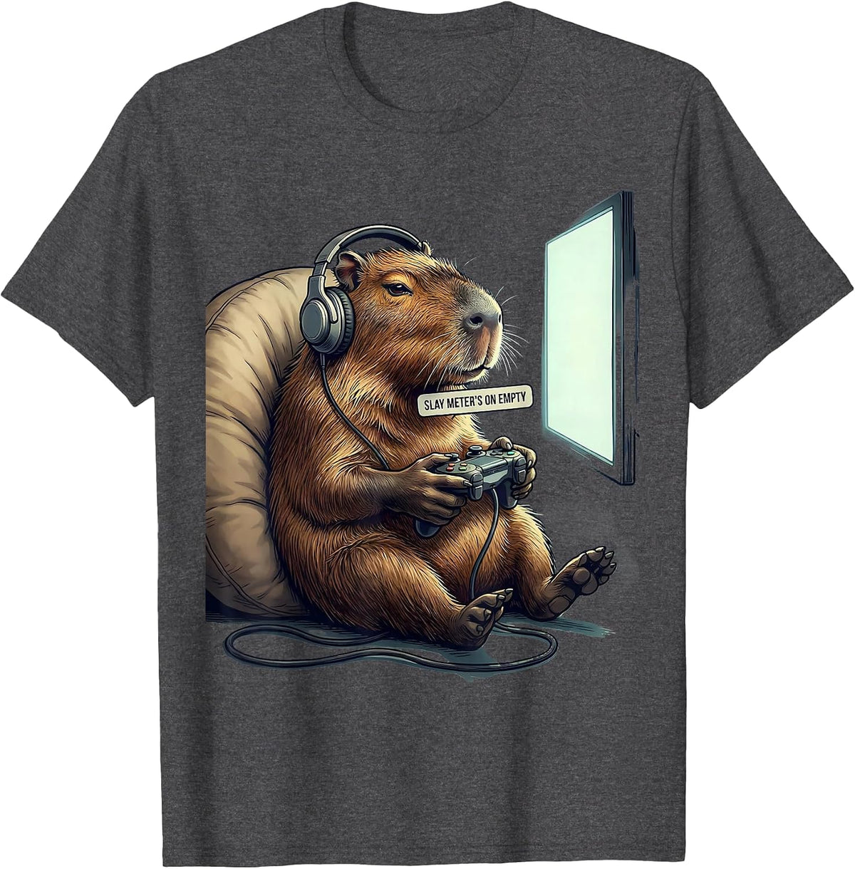 Men's Slay Meter's On Empty Funny Capybara Gamer Meme Humor T-Shirt - Dark Heather Grey