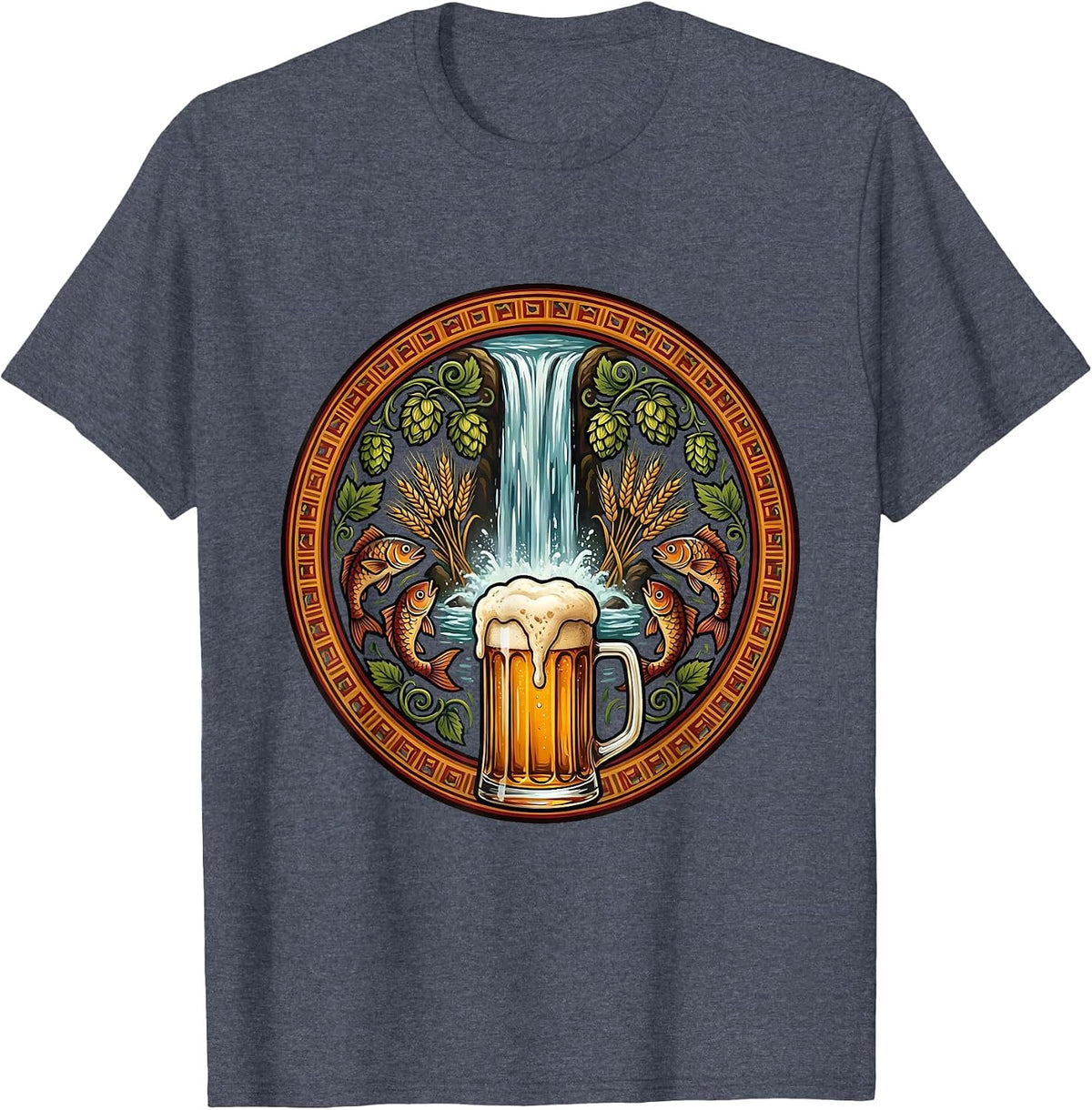 Waterfall Pint Glass Beer Graphic Tee T-Shirt - Heather Blue