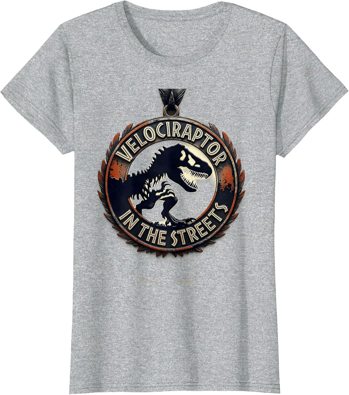 Women's Velociraptor In The Streets Dinosaur Design T-Shirt - Heather Grey