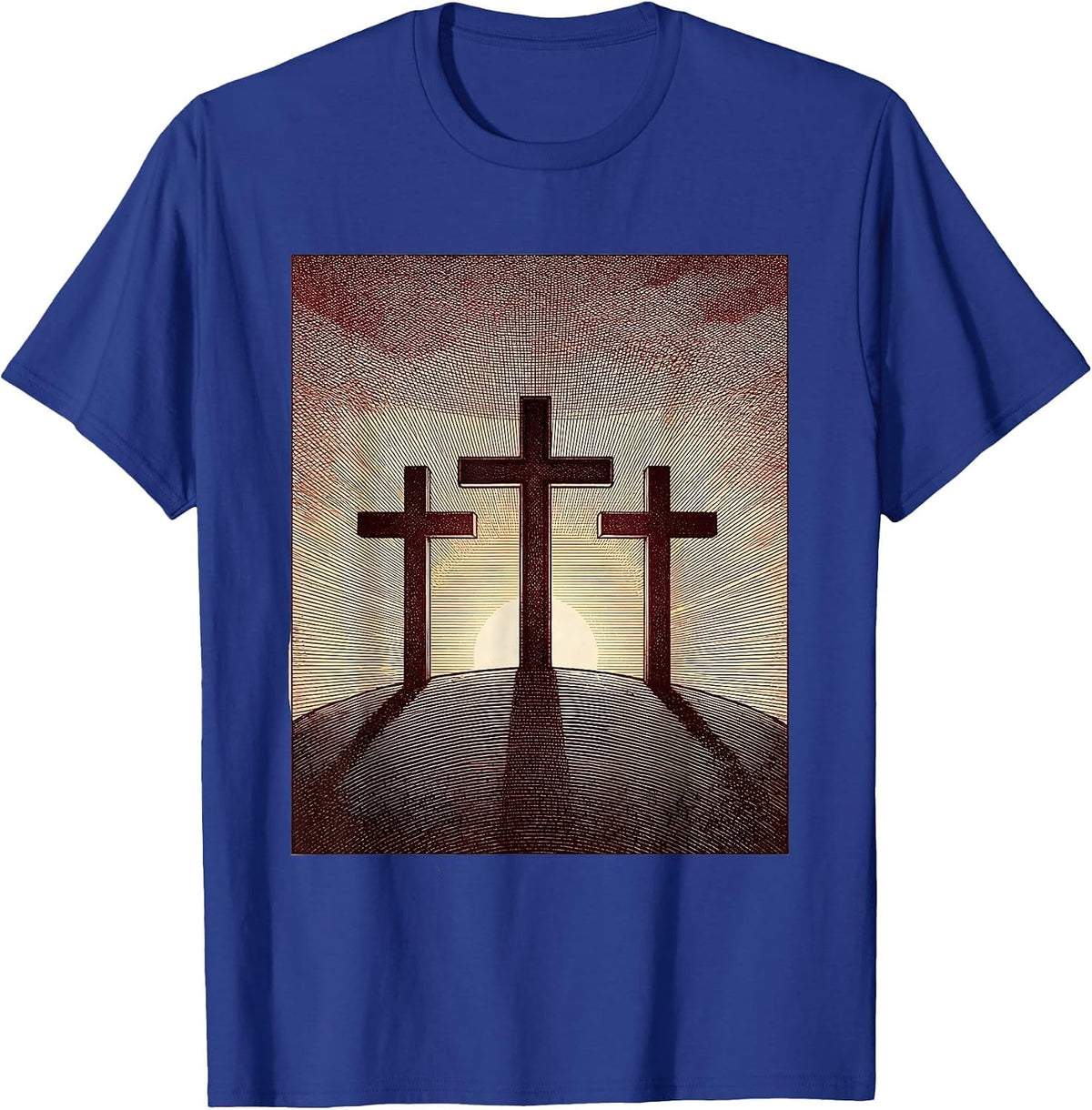 Three Crosses Crimson Sunset Silhouette T-Shirt - Royal Blue