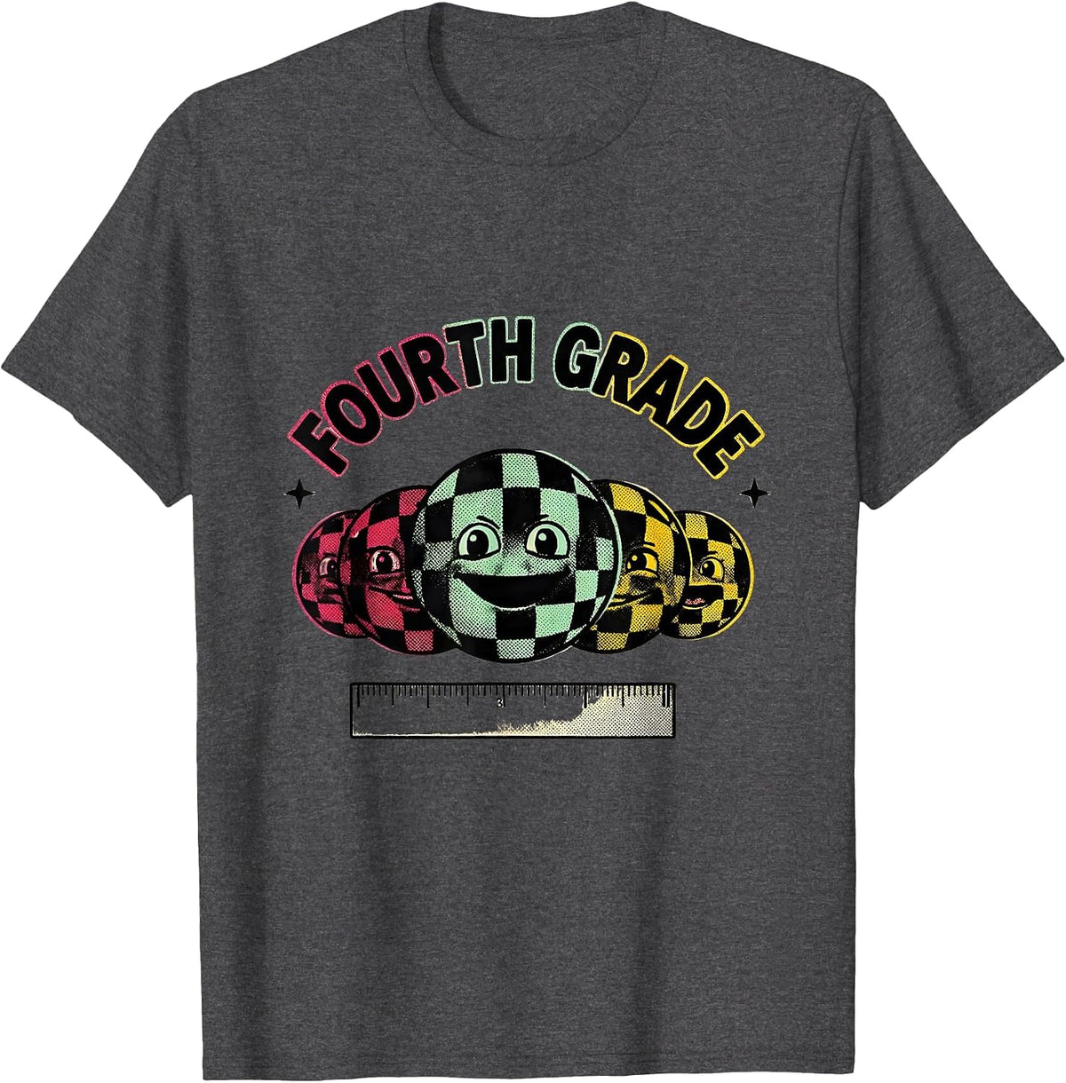 Fourth Grade Retro Checkered Girl Teacher Back To School T-Shirt - Dark Heather Grey