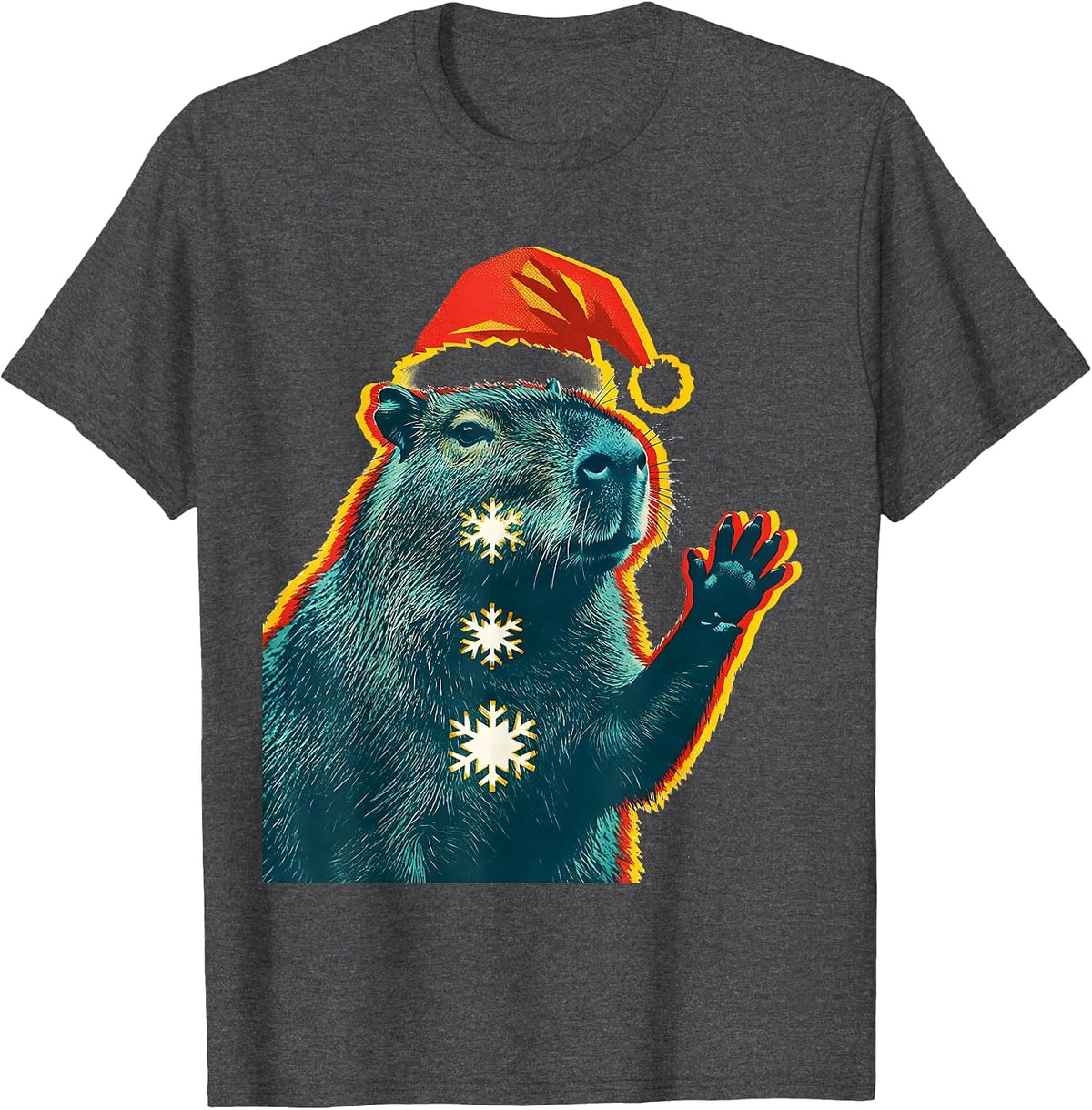 Capybara Santa Hat Risograph Holiday Animal Lover T-Shirt - Dark Heather Grey