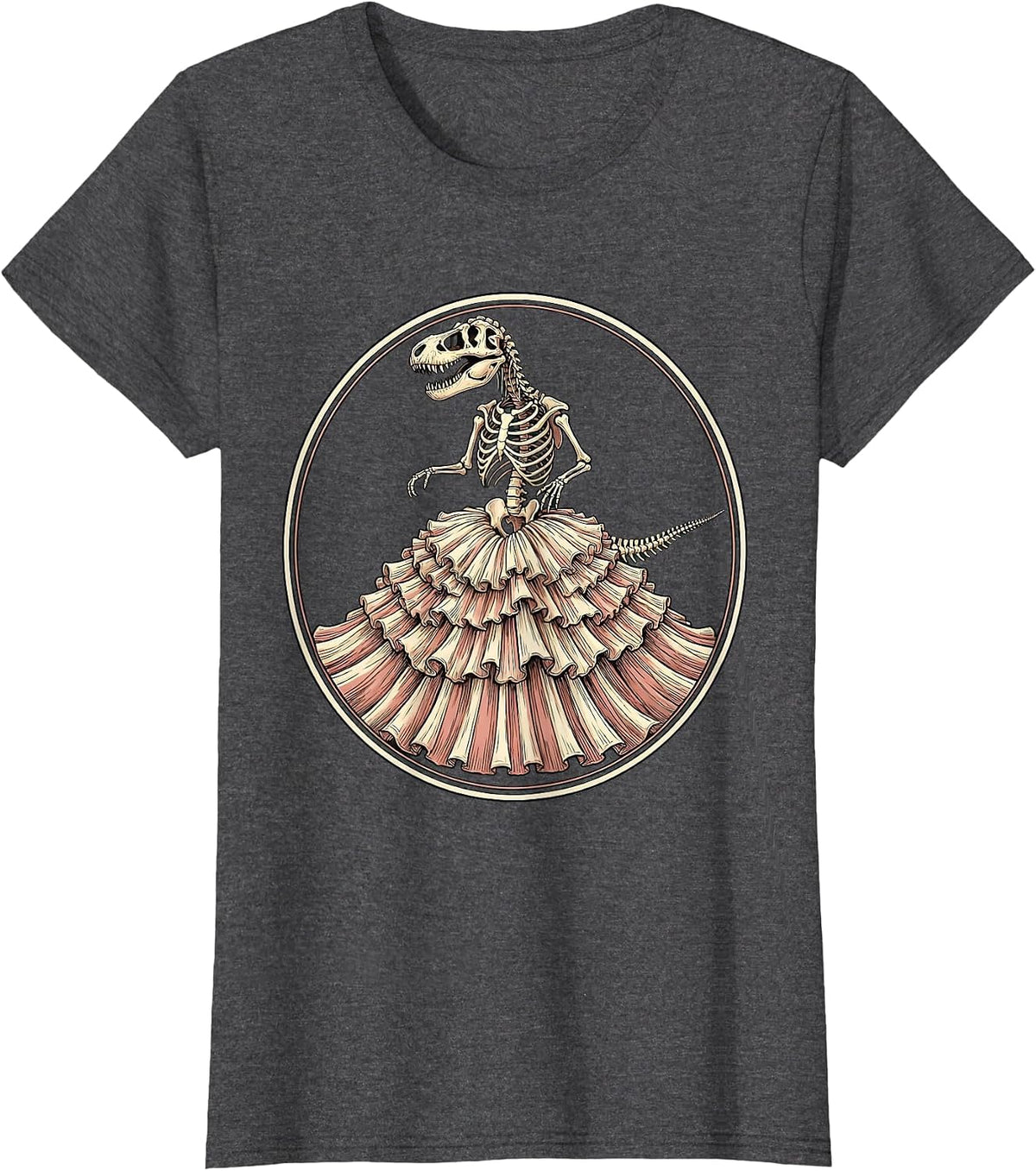 Women's Dinosaur Skeleton Ballgown Elegant Dino Art T-Shirt - Dark Heather Grey