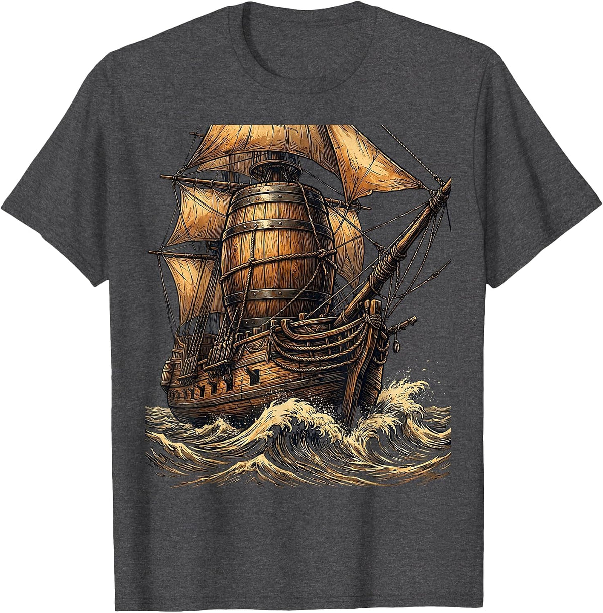 Old Wooden Ship Beer Barrel Mast Illustration T-Shirt - Dark Heather Grey