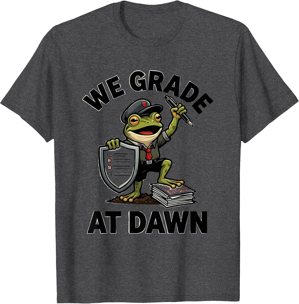 Men's We Grade At Dawn Funny Frog Teacher English Reader Back T-Shirt - Dark Heather Grey