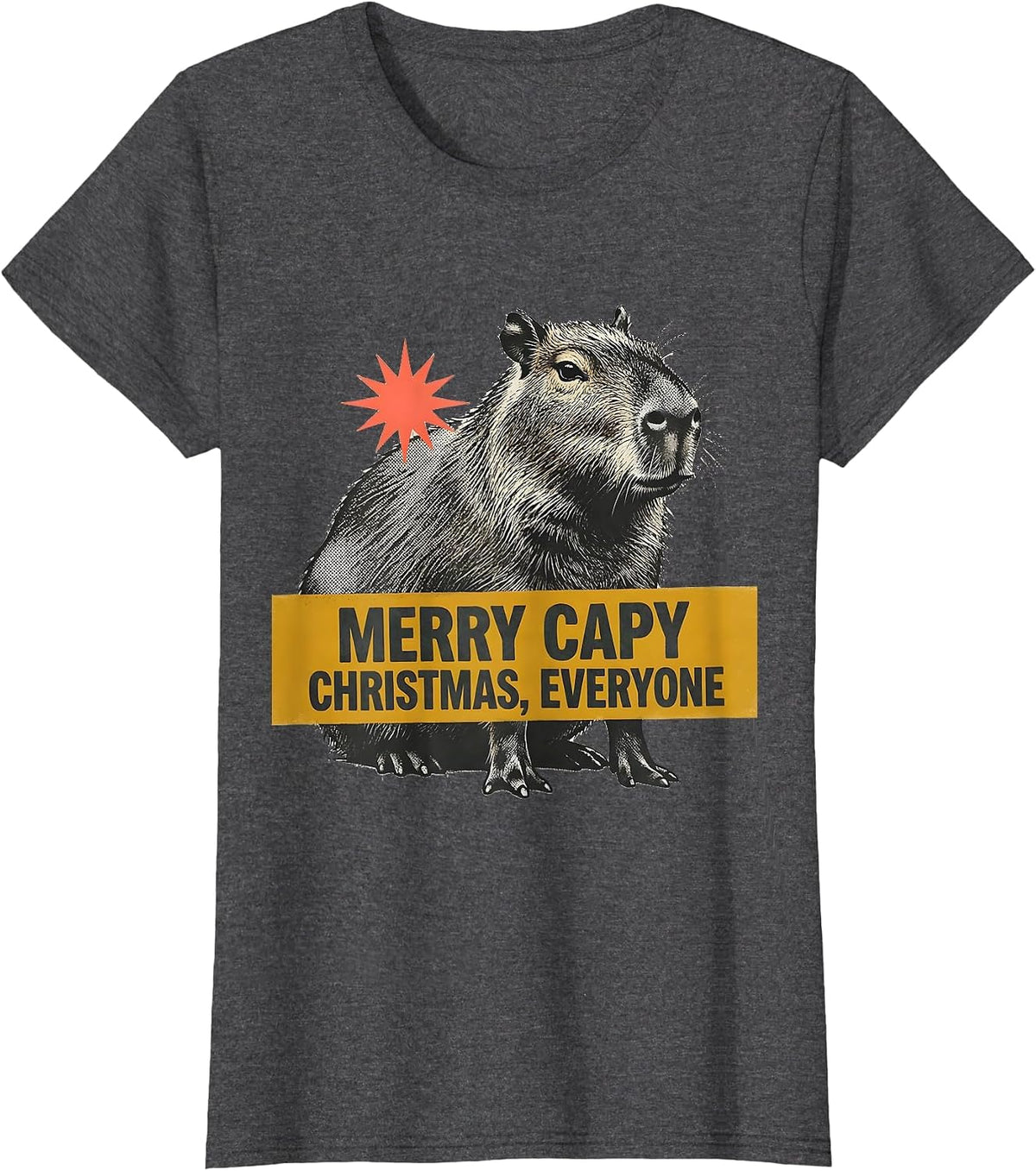 Women's Merry Capy Christmas, Everyone Midcentury Modern Capybara T-Shirt - Dark Heather Grey