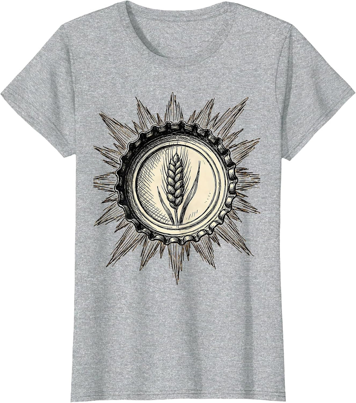 Women's Vintage Beer Bottle Cap Sun Rays Graphic Tee T-Shirt - Heather Grey