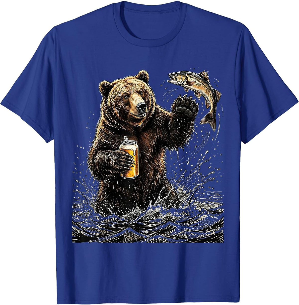 Grizzly Bear Fishing With Beer Graphic Tee T-Shirt - Royal Blue