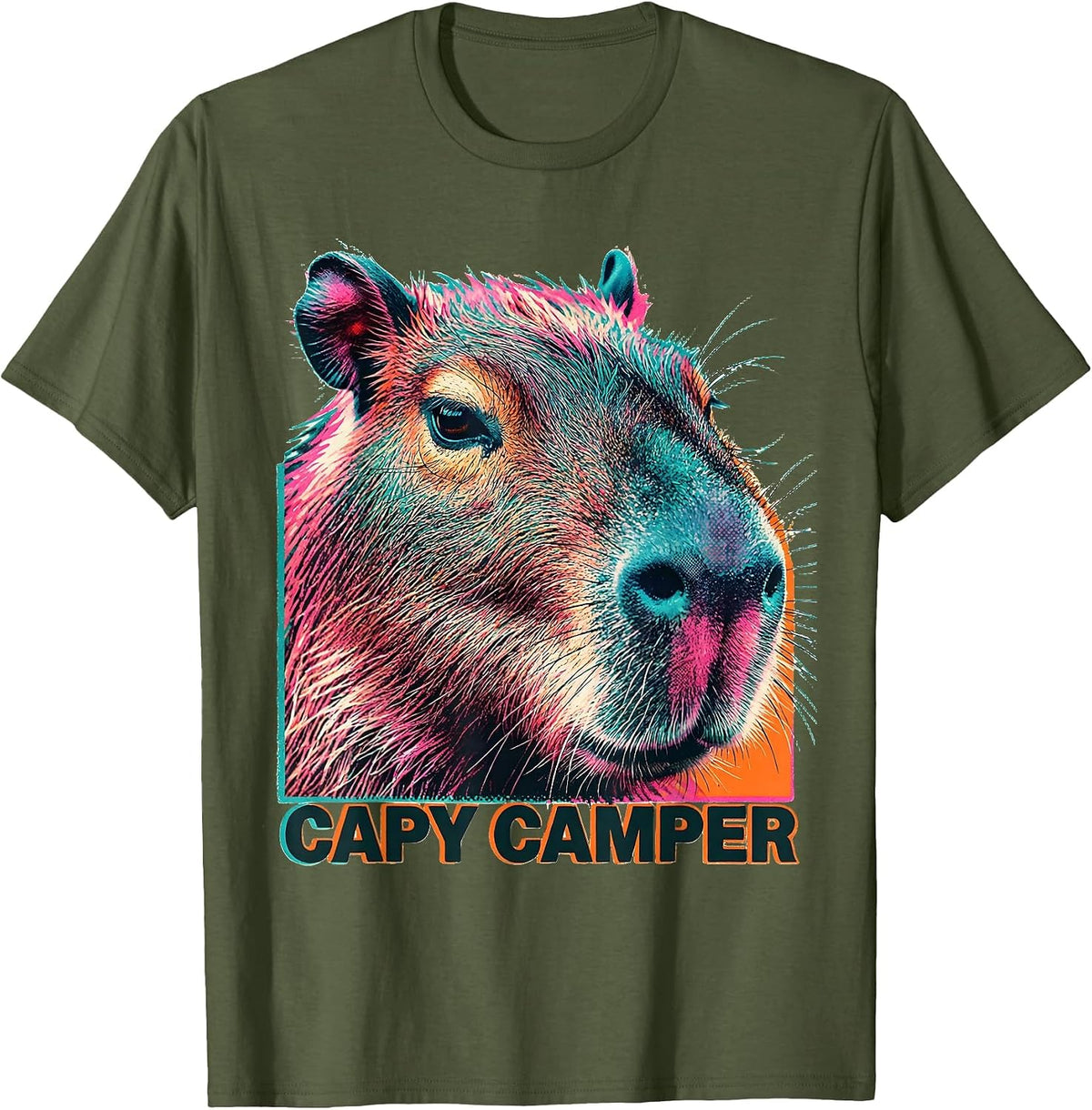 capy camper Risograph Funny Capybara Meme Gamer Kawaii Humor T-Shirt - Olive Green