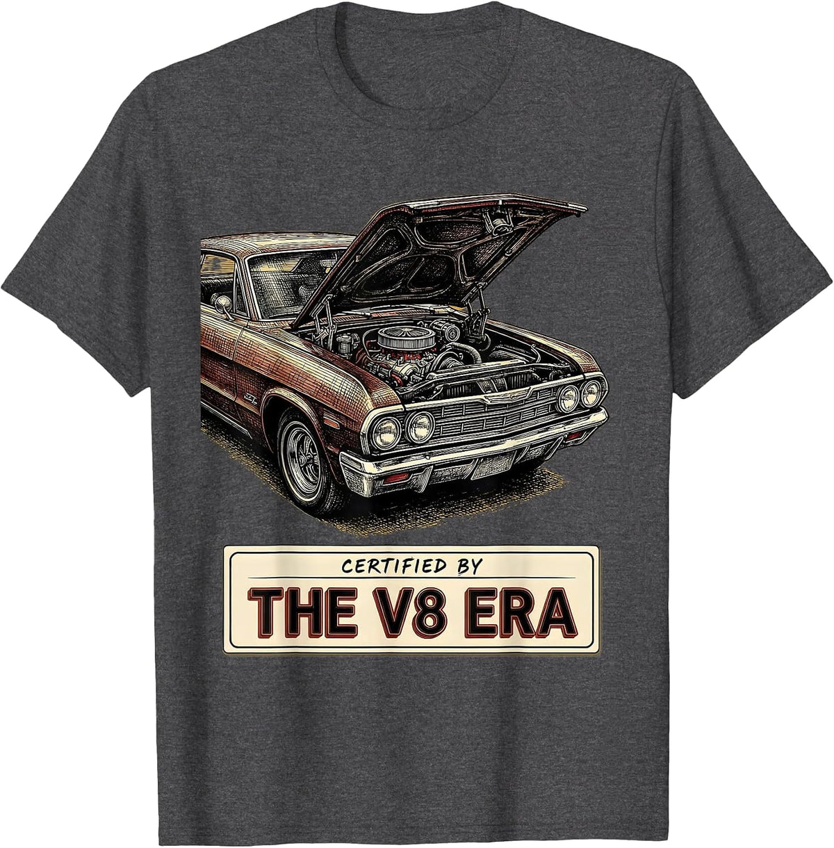 Men's Certified By The V8 Era Vintage Classic Muscle Car T-Shirt - Dark Heather Grey