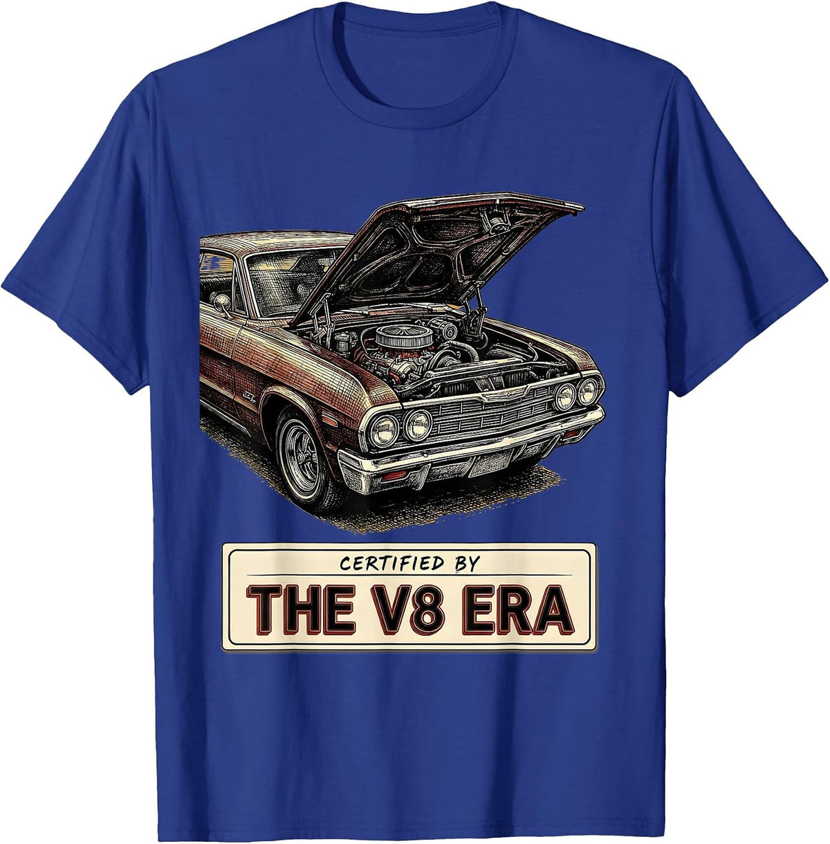 Men's Certified By The V8 Era Vintage Classic Muscle Car T-Shirt - Royal Blue
