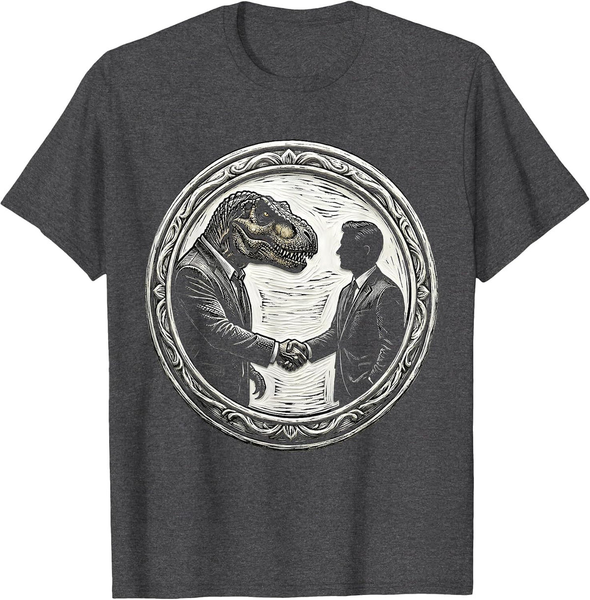 Dinosaur and Human Handshake in Suits Graphic T-Shirt - Dark Heather Grey