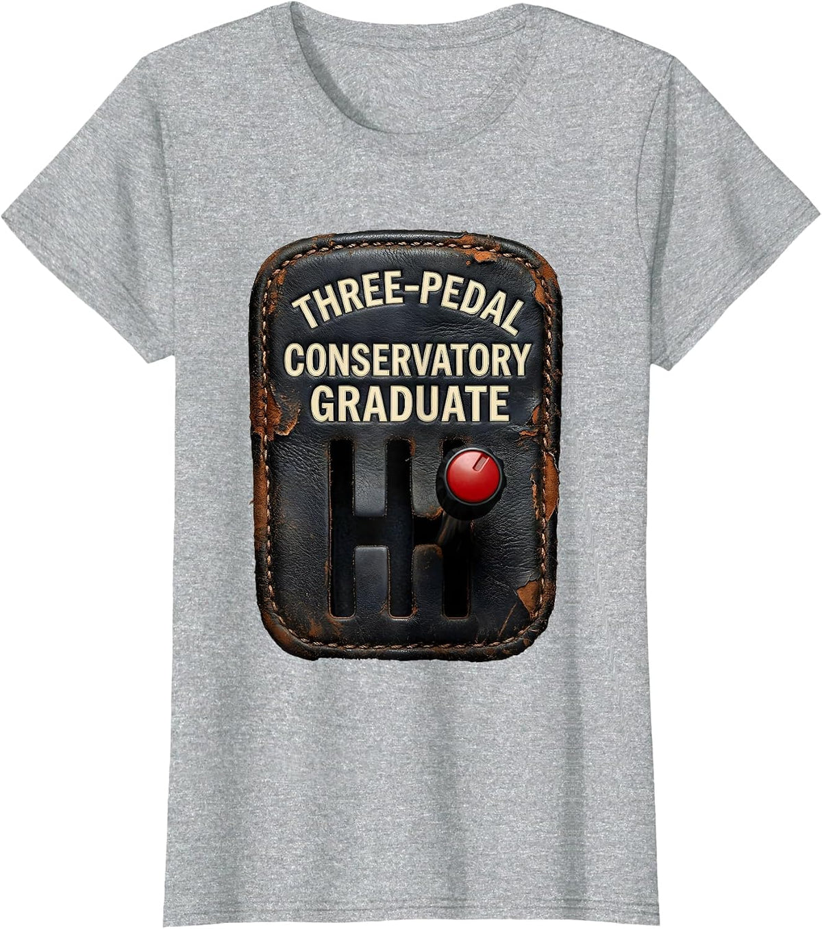 Three-Pedal Conservatory Graduate Distressed Stick Shift Car T-Shirt - Heather Grey