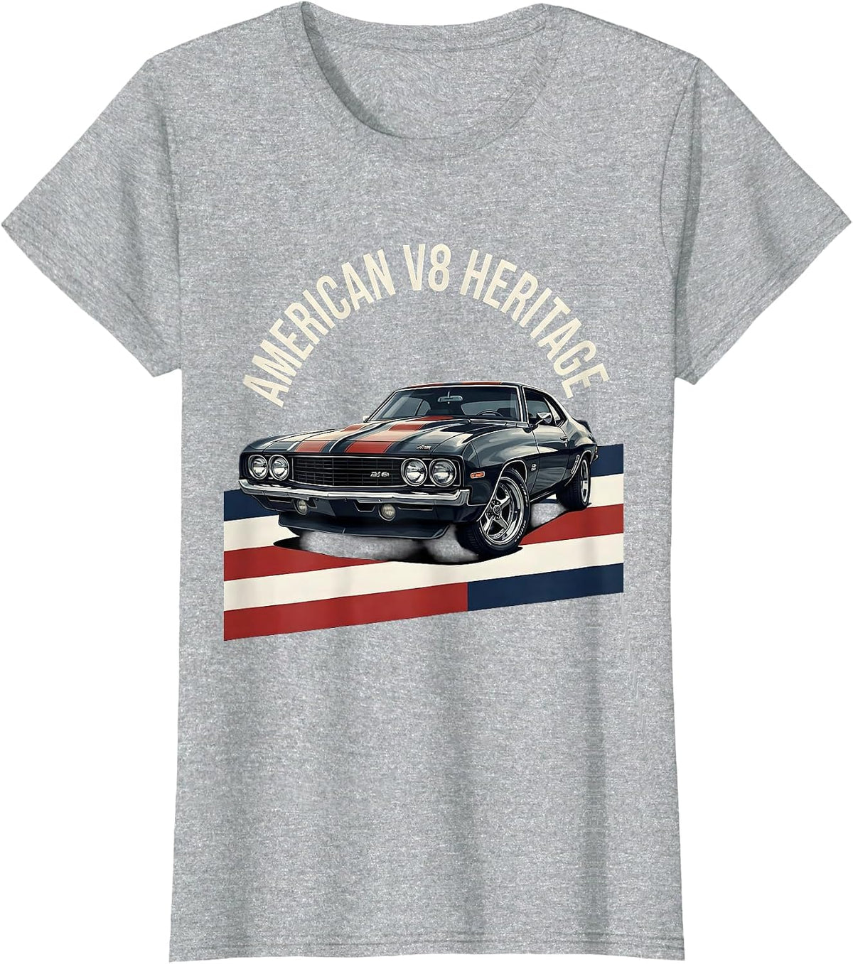 Women's American V8 Heritage Patriotic Vintage Muscle Car Enthusiast T-Shirt - Heather Grey