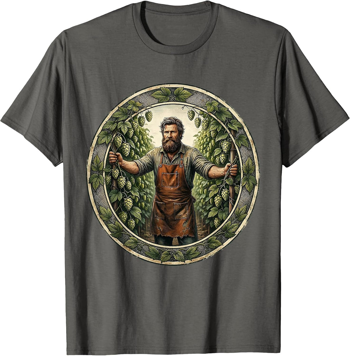 Men's Bearded Hop Farmer Beer Garden Illustration T-Shirt - Asphalt Grey
