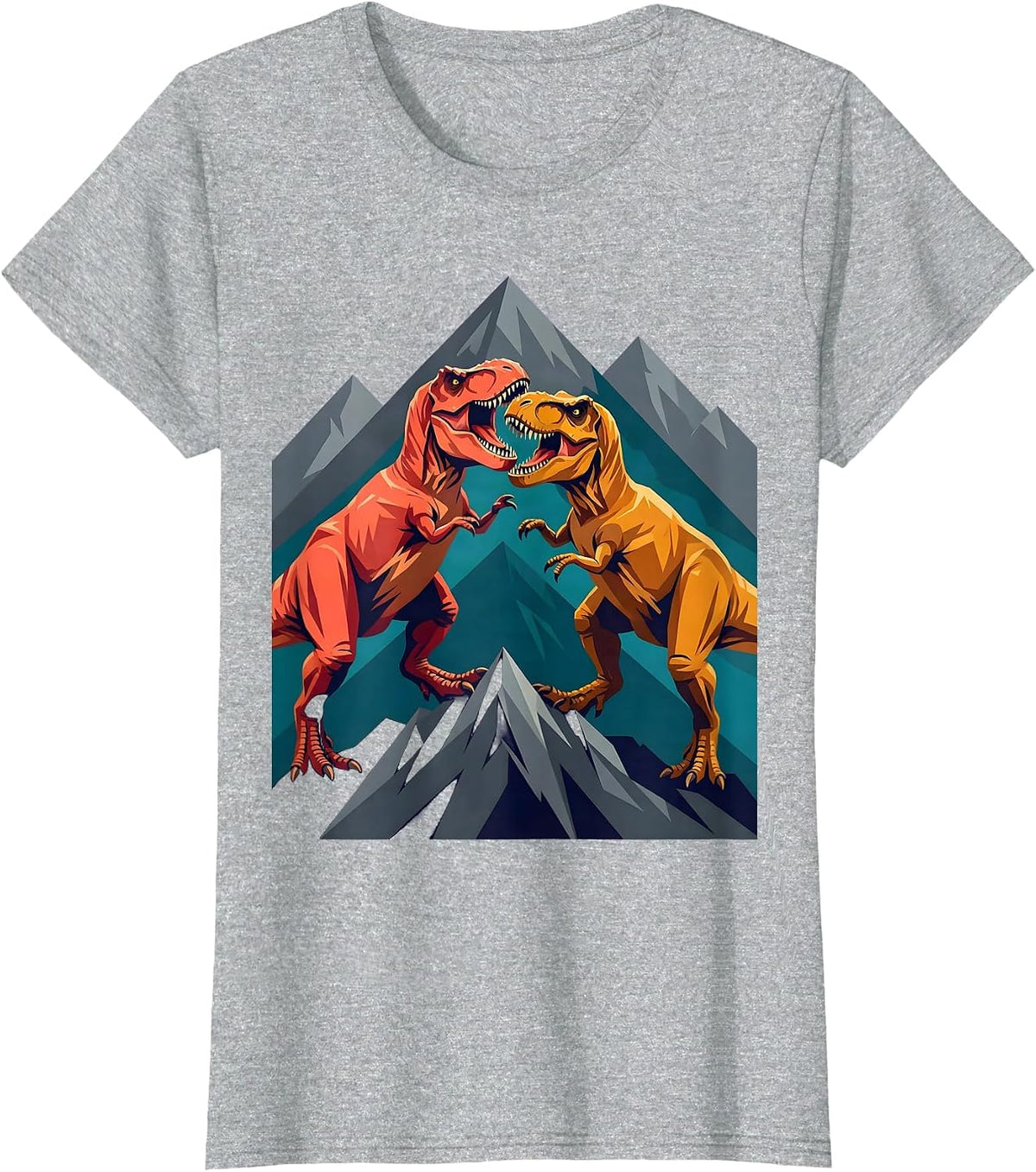 Women's T-Rex Battle on the Mountain Ridge Dinosaur T-Shirt - Heather Grey