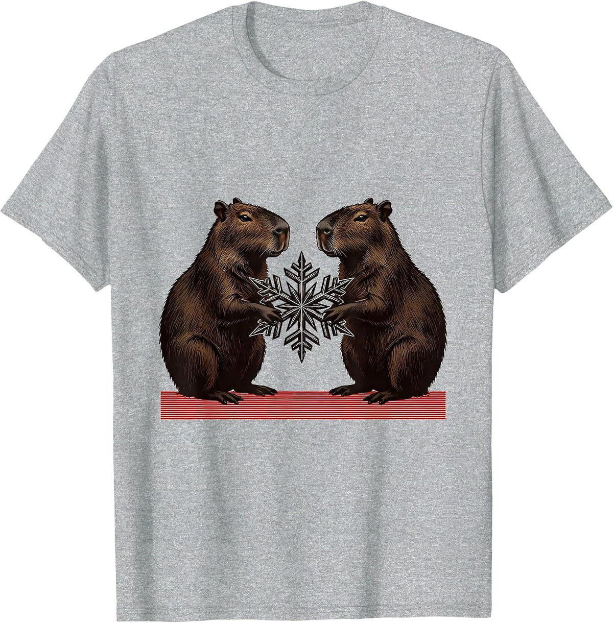 Men's Mirrored Capybaras Snowflake Wood Type Letterpress Christmas T-Shirt - Heather Grey