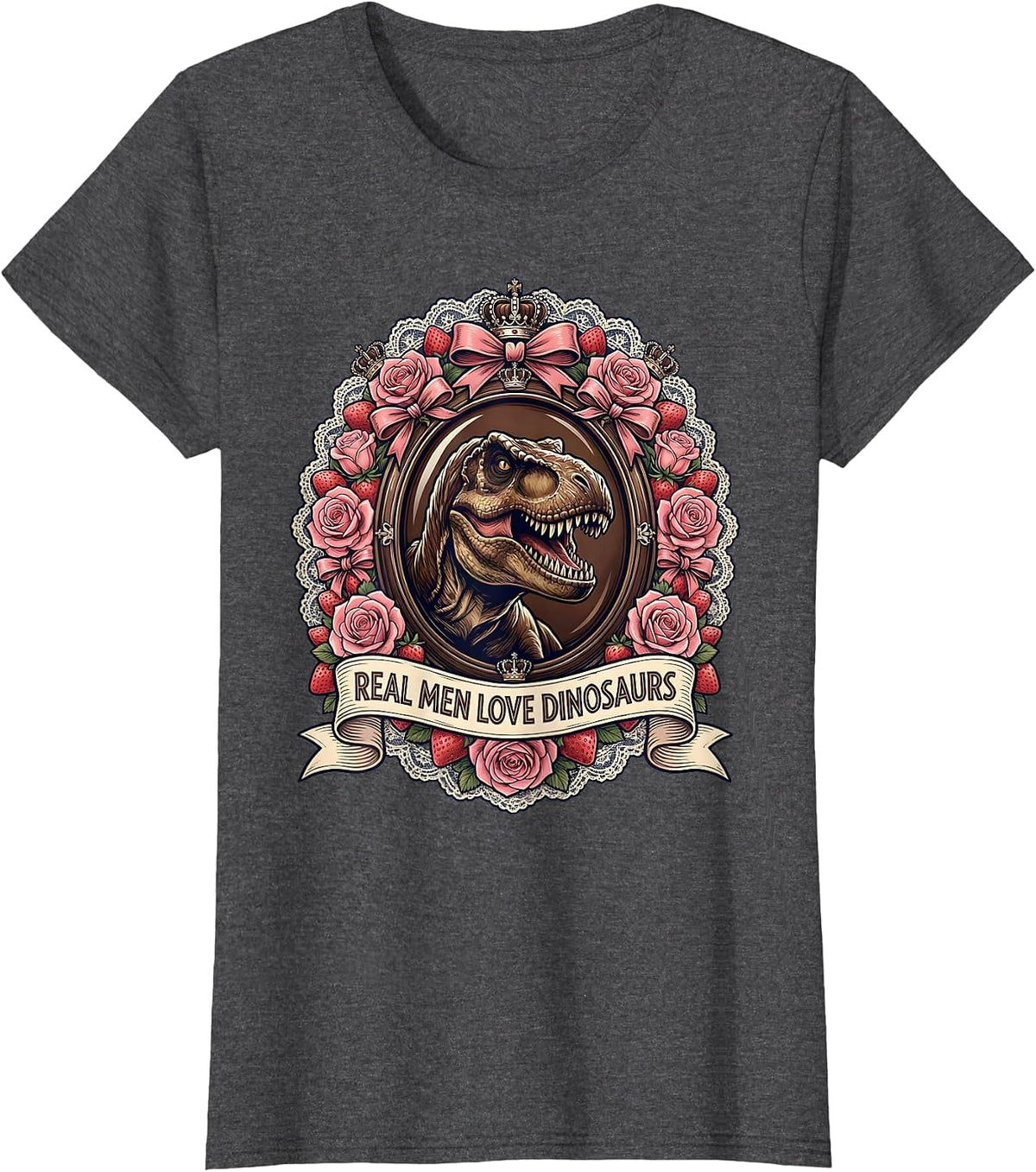 Women's Real Men Love Dinosaurs Graphic Design T-Shirt - Dark Heather Grey