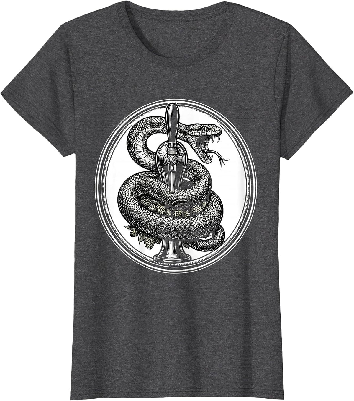 Women's Serpent Coiled Beer Tap Graphic Design T-Shirt - Dark Heather Grey