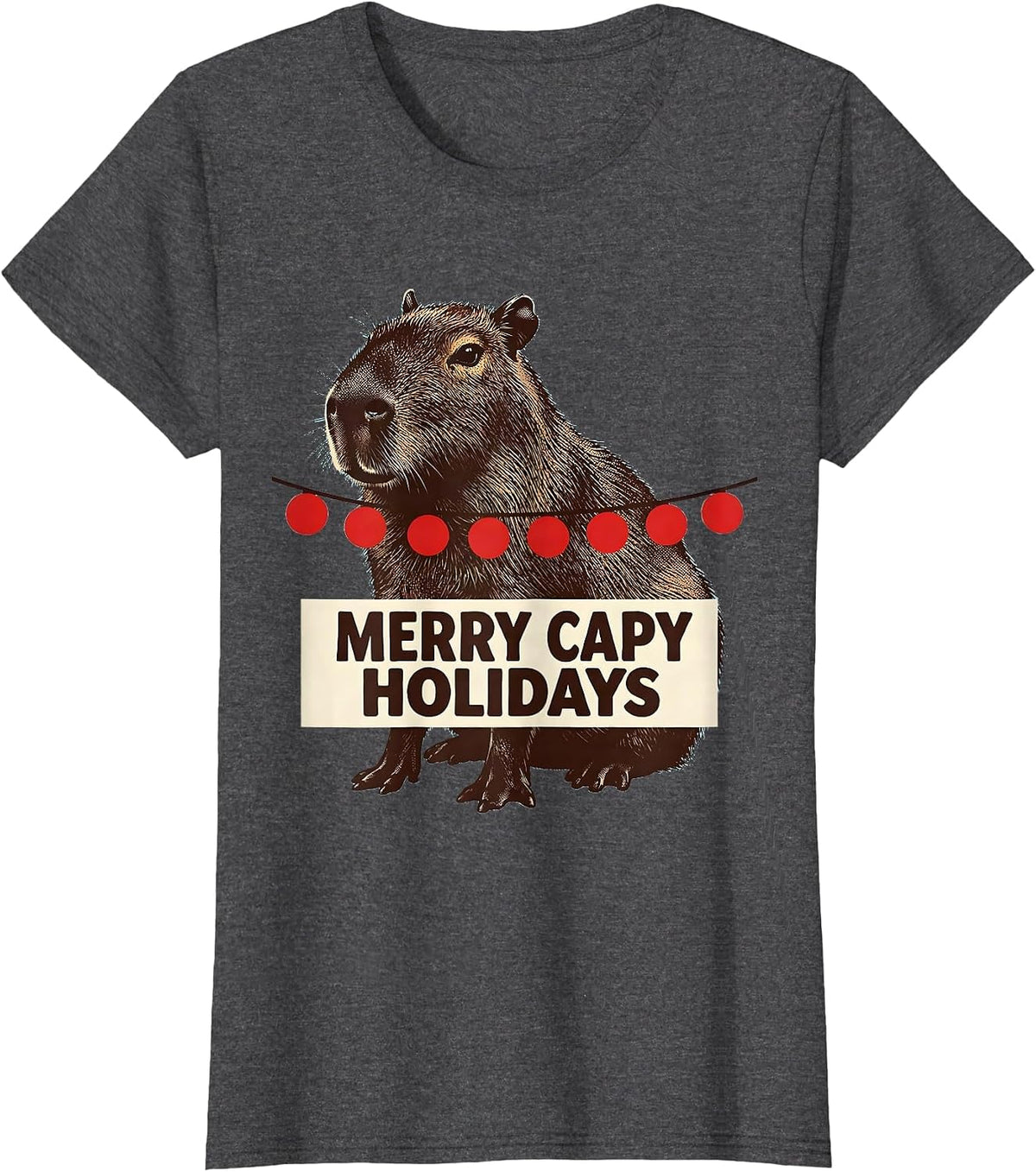 Women's Merry Capy Holidays Cute Capybara Christmas Pun Animal Lover T-Shirt - Dark Heather Grey