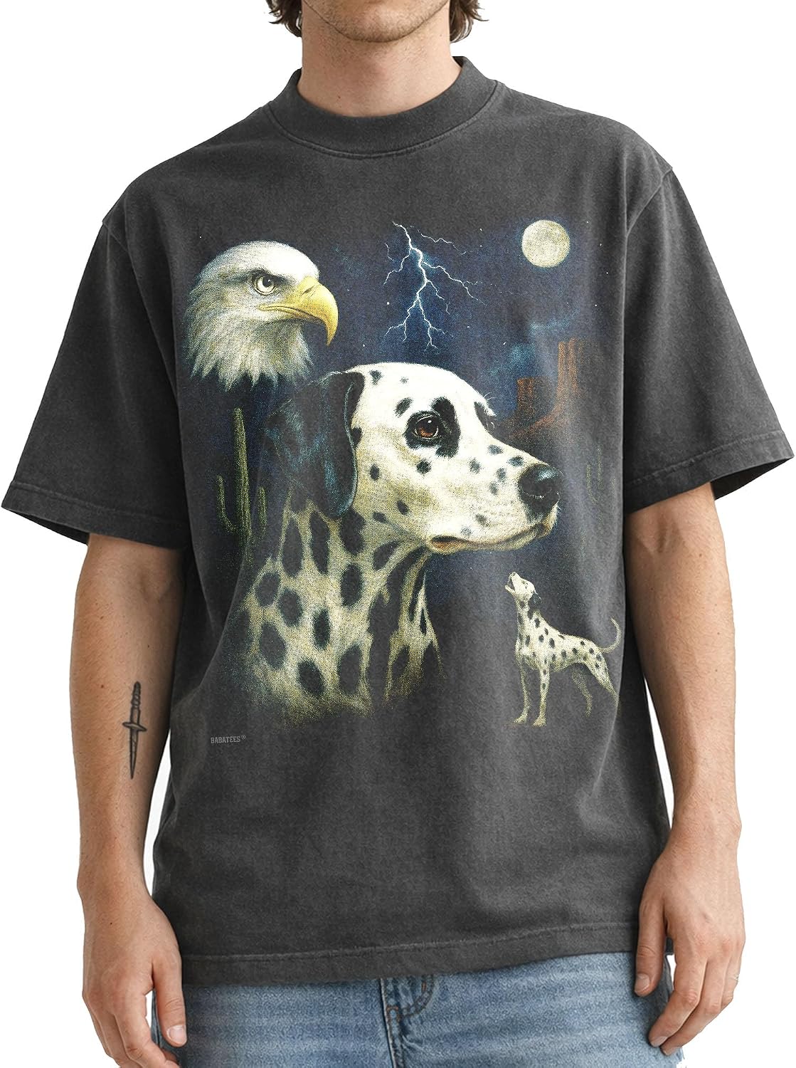 Shaka Wear Dog & Bald Eagle Thunder Tshirt - Faded Max-Heavyweight 7.5oz Oversized & Boxy - Dalmatian