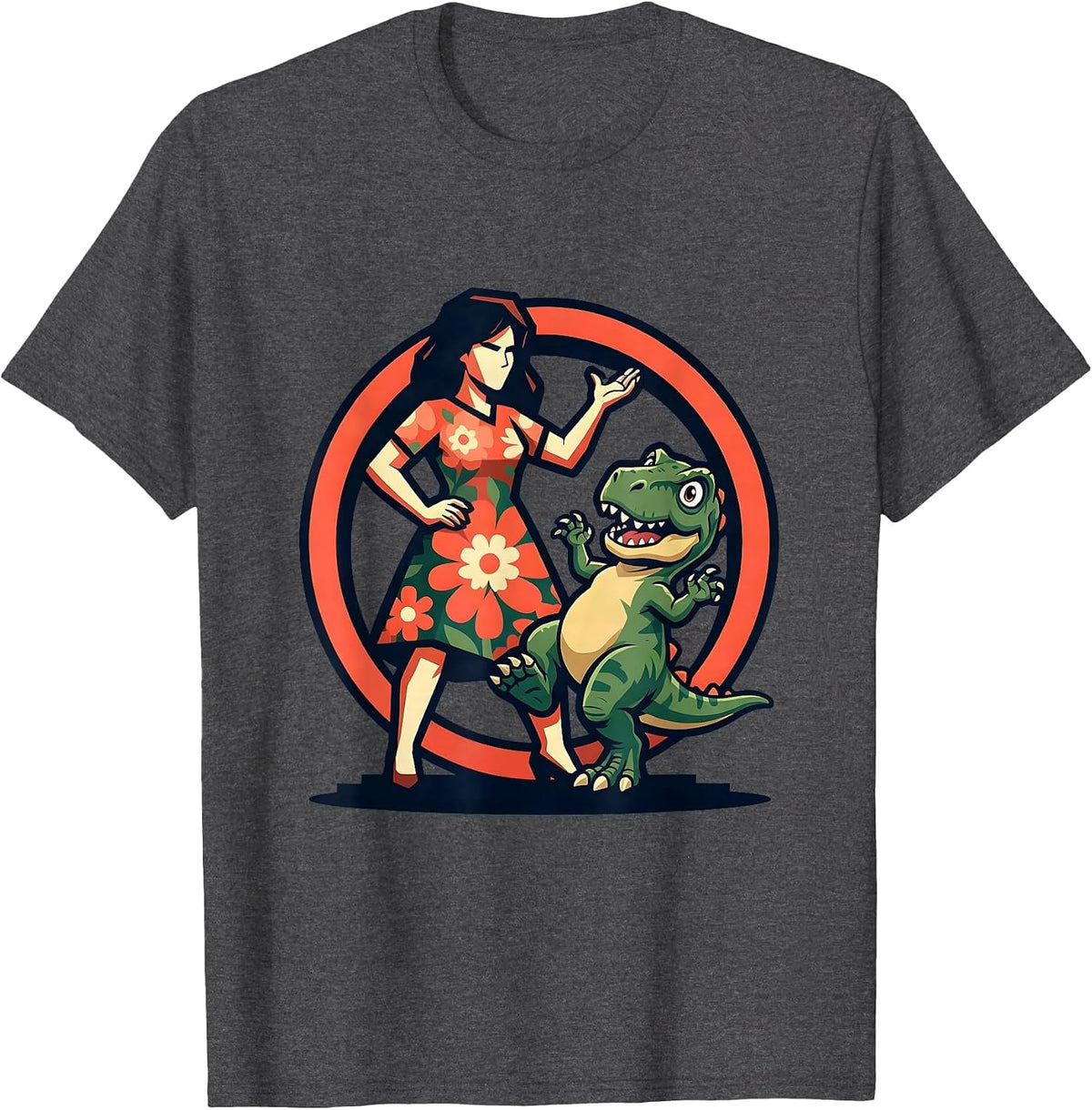 Floral Dress Dinosaur Tamer Graphic Design T-Shirt - Dark Heather Grey