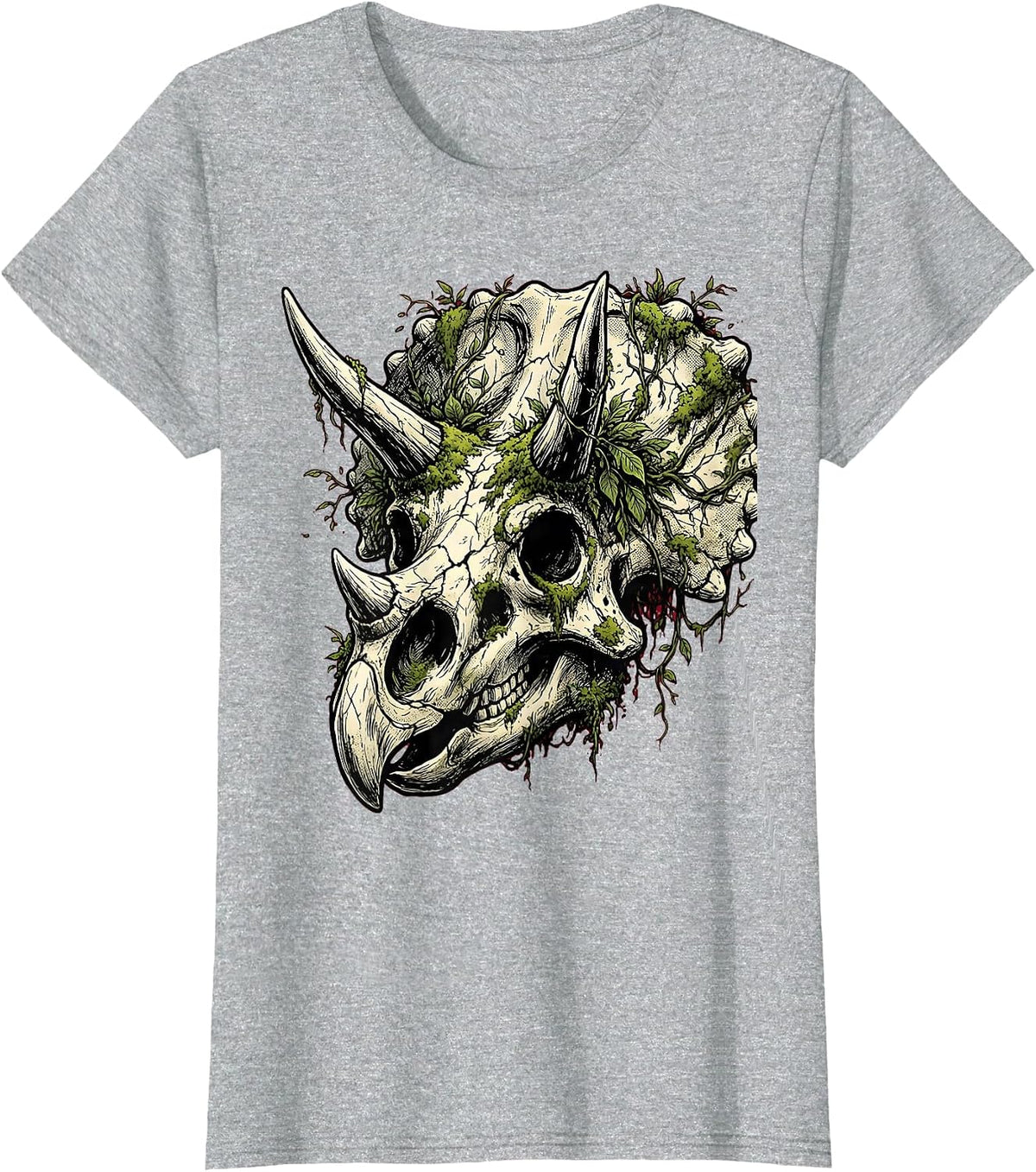Mossy Triceratops Skull Dinosaur Illustration T-Shirt - Heather Grey