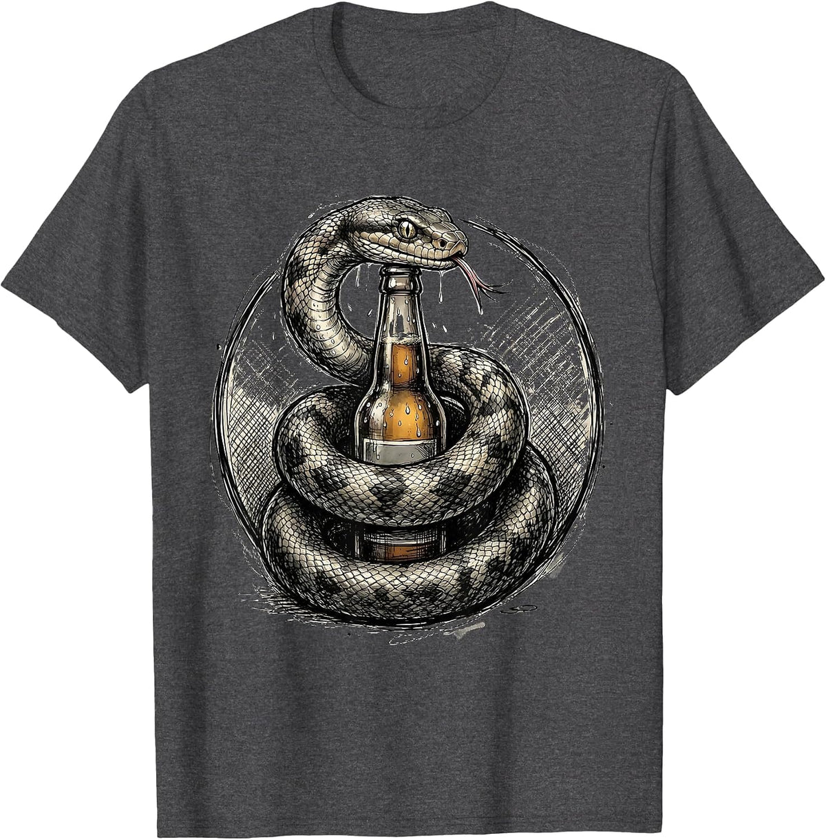 Snake Coiled Around Beer Bottle Graphic T-Shirt - Dark Heather Grey