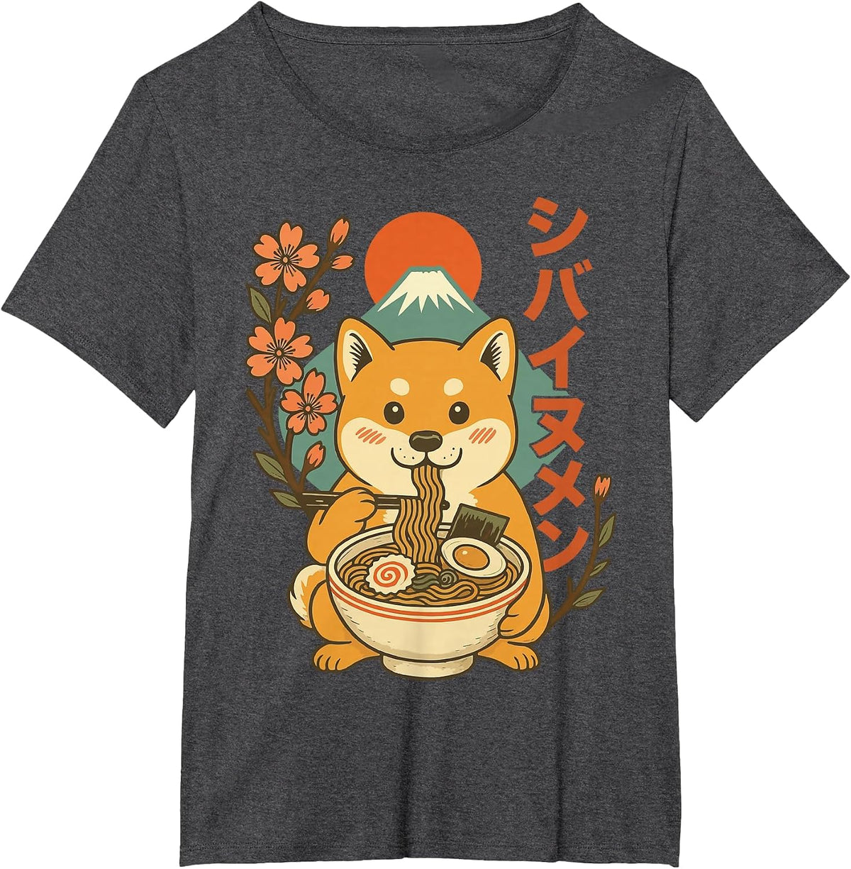 Anime Shiba Inu Eating Ramen Japanese Ramen Japan T-Shirt - Dark Heather Grey