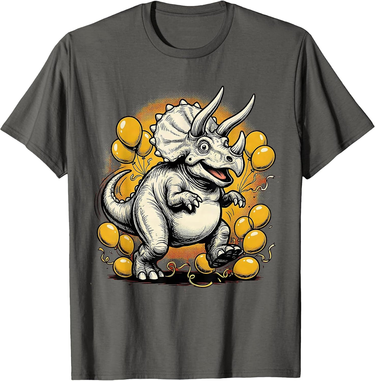 Triceratops Birthday Balloon Charge Dinosaur T-Shirt - Asphalt Grey