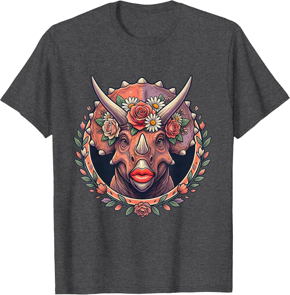 Floral Crown Triceratops Dinosaur Graphic Tee T-Shirt - Dark Heather Grey