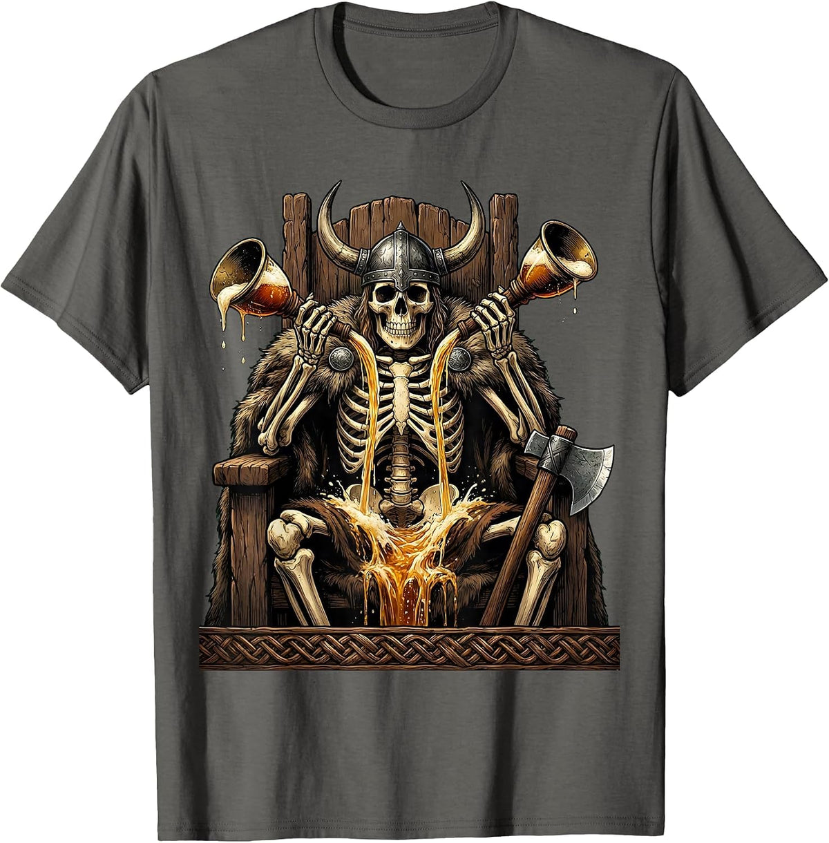 Skeleton Viking Drinking Horn Beer Illustration T-Shirt - Asphalt Grey