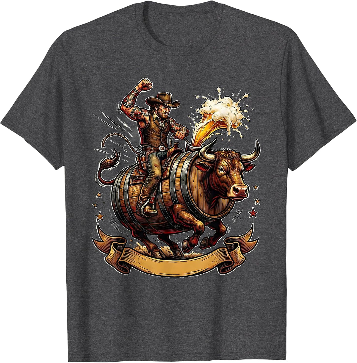Men's Beer Barrel Bull Rider Funny Drinking Graphic T-Shirt - Dark Heather Grey