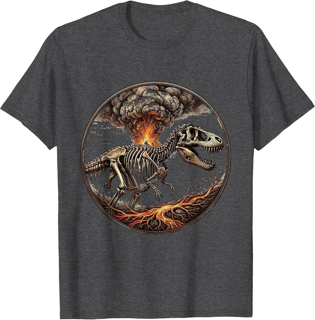 T-Rex Silhouette Volcanic Eruption Dinosaur Design T-Shirt - Dark Heather Grey