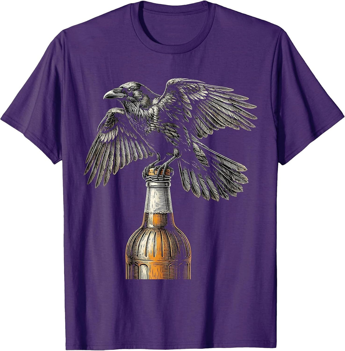 Raven on Vintage Beer Bottle Graphic Tee T-Shirt - Purple