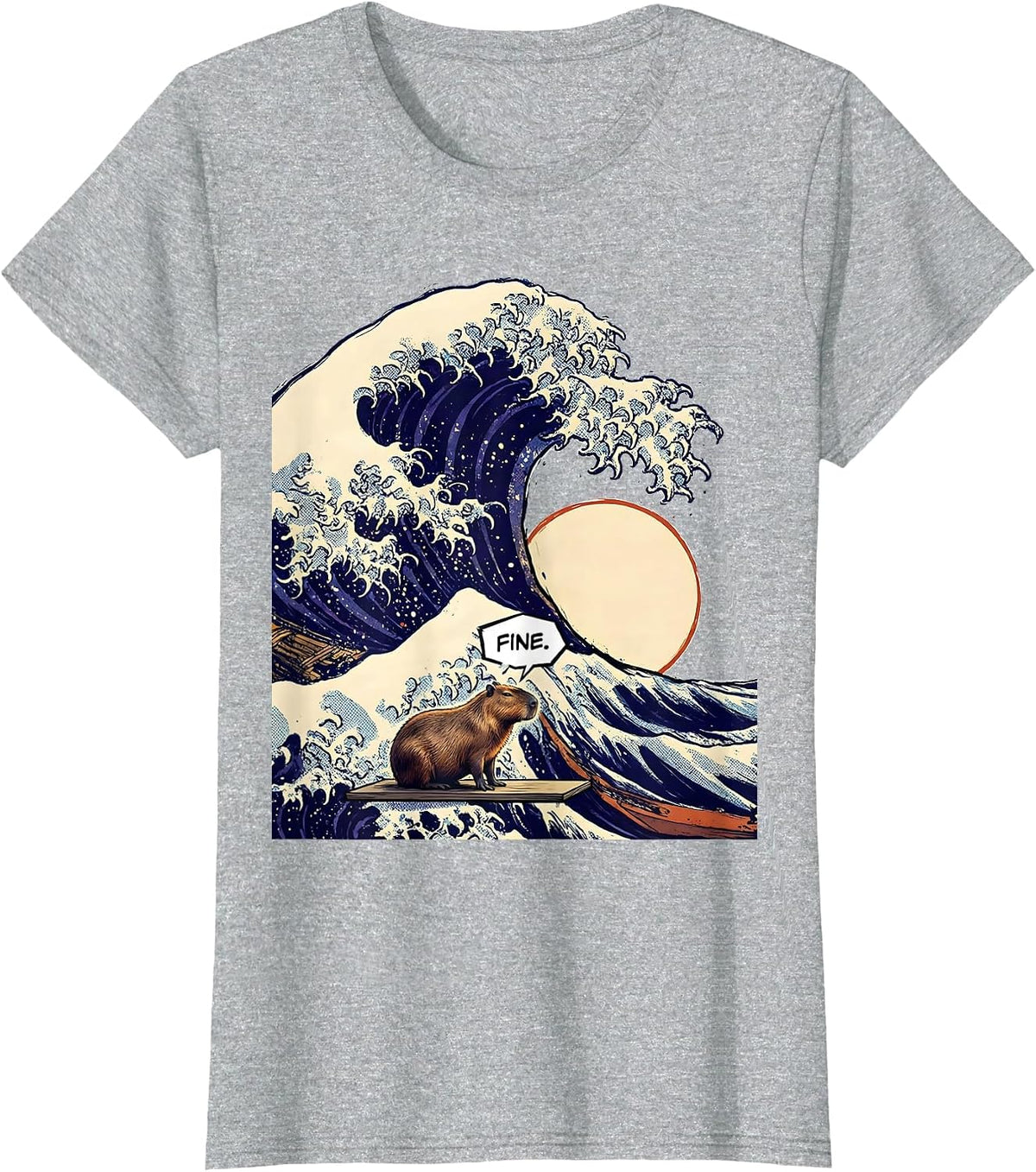 Women's Fine Comic Book Capybara Surfing Great Wave Animal Lover T-Shirt - Heather Grey