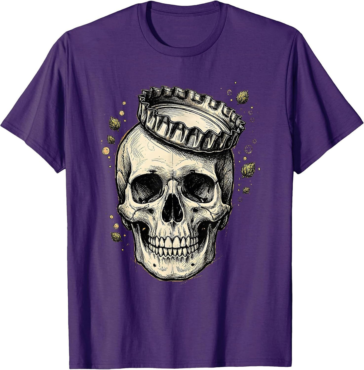 Men's Skull Beer Bottle Cap Crown Graphic T-Shirt - Purple
